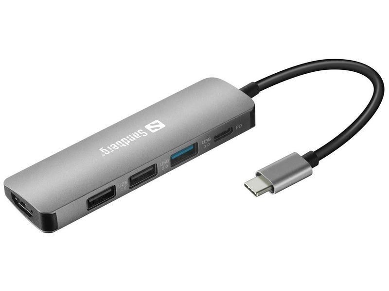 قاعدة توصيل ساندبيرج USB-C مزودة بمنفذ HDMI و3 منافذ USB ومنفذ شحن سريع بقدرة 100 واط