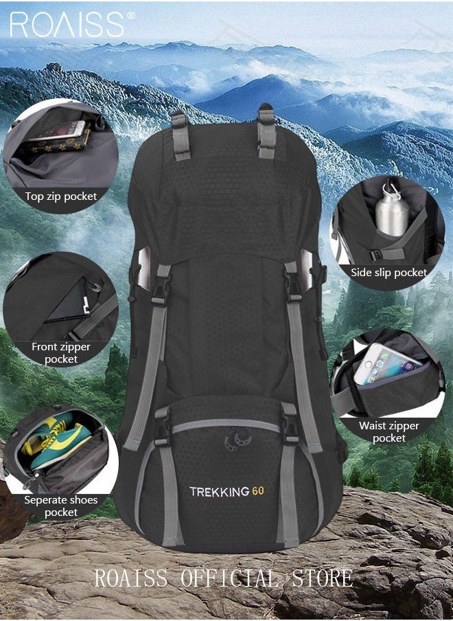 roaiss Unisex Outdoor Backpack 60L Capacity Multifunction Multi-pocket Hiking Bag with Rain Cover Water-resistant Oxford Shockproof Decompression for Camping Climbing Sports Travel Black  - Image 1
