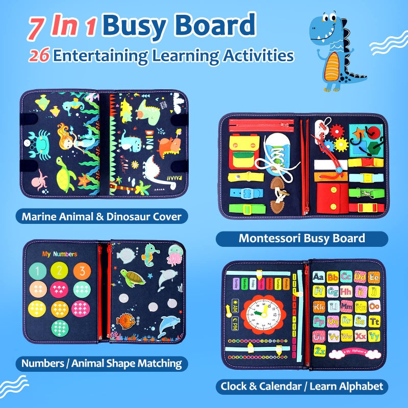 Qizfun Montessori Busy Board & Busy Book for Toddlers â€“ Sensory & Learning Toy That Keeps Kids Busy, Travel Toy for Airplane & Car, Screen for Boys & Girls (Blue/P4) - Image 3