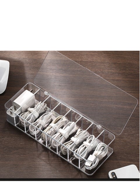 Cable Organizer Storage Box with 7 Wire Ties, Desktop Cable Management Box with Lid, Power Cord Organizer with 7 Compartments for Office, Home, Desk Accessories Storage Stationery Supplies White