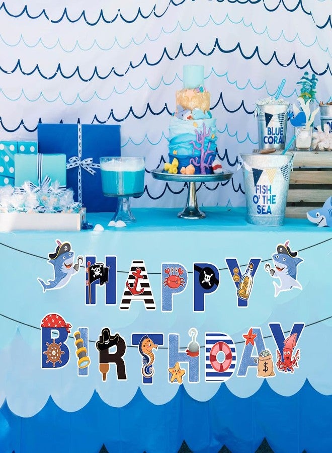 Geluode Pirate Ocean Birthday Banner for Boys Girls Kids, Under The Sea Shark Pattern Happy Birthday Banner for Pirate Ocean Theme Birthday Party Hanging Wall Decorations - Image 3