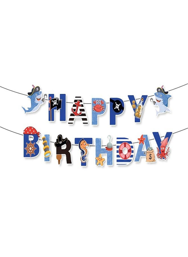 Geluode Pirate Ocean Birthday Banner for Boys Girls Kids, Under The Sea Shark Pattern Happy Birthday Banner for Pirate Ocean Theme Birthday Party Hanging Wall Decorations - Image 1