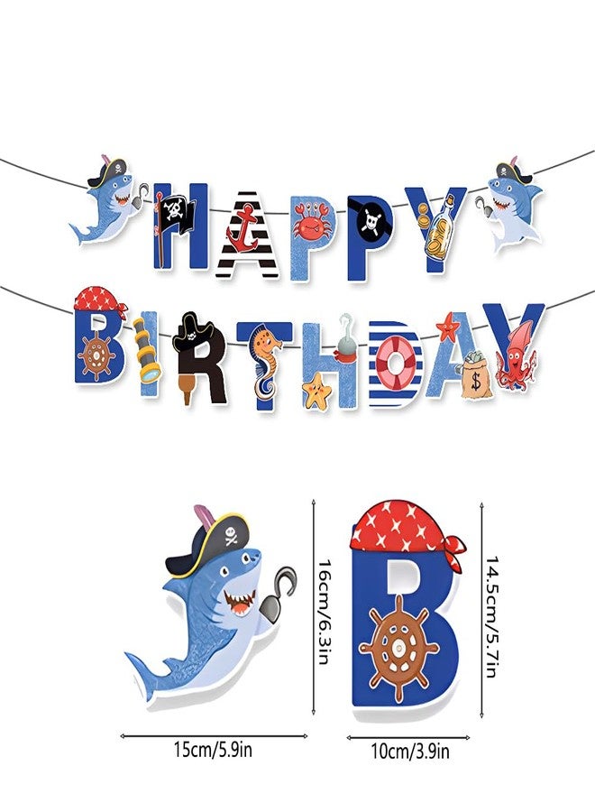 Geluode Pirate Ocean Birthday Banner for Boys Girls Kids, Under The Sea Shark Pattern Happy Birthday Banner for Pirate Ocean Theme Birthday Party Hanging Wall Decorations - Image 2