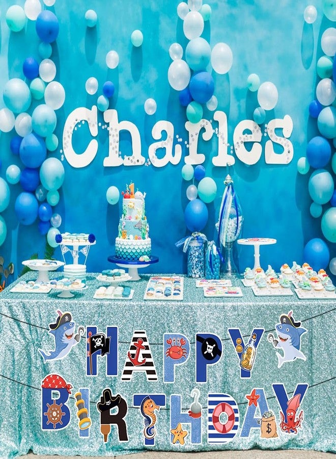 Geluode Pirate Ocean Birthday Banner for Boys Girls Kids, Under The Sea Shark Pattern Happy Birthday Banner for Pirate Ocean Theme Birthday Party Hanging Wall Decorations - Image 5