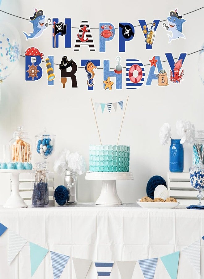 Geluode Pirate Ocean Birthday Banner for Boys Girls Kids, Under The Sea Shark Pattern Happy Birthday Banner for Pirate Ocean Theme Birthday Party Hanging Wall Decorations - Image 4