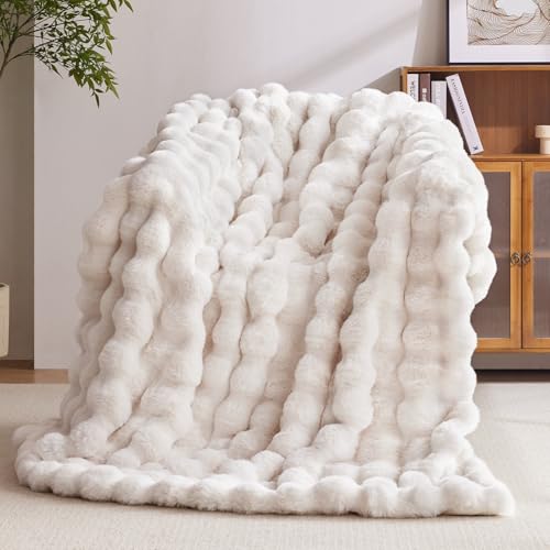 Anysay Faux Fur Throw Blanket, 1000GSM Fluffy Soft Bubble Blanket for Couch Bed, Cozy Plush Warm and Thick Blanket, Fuzzy Rabbit Throw for Living Room Bedroom 50''*60'' White - Image 2
