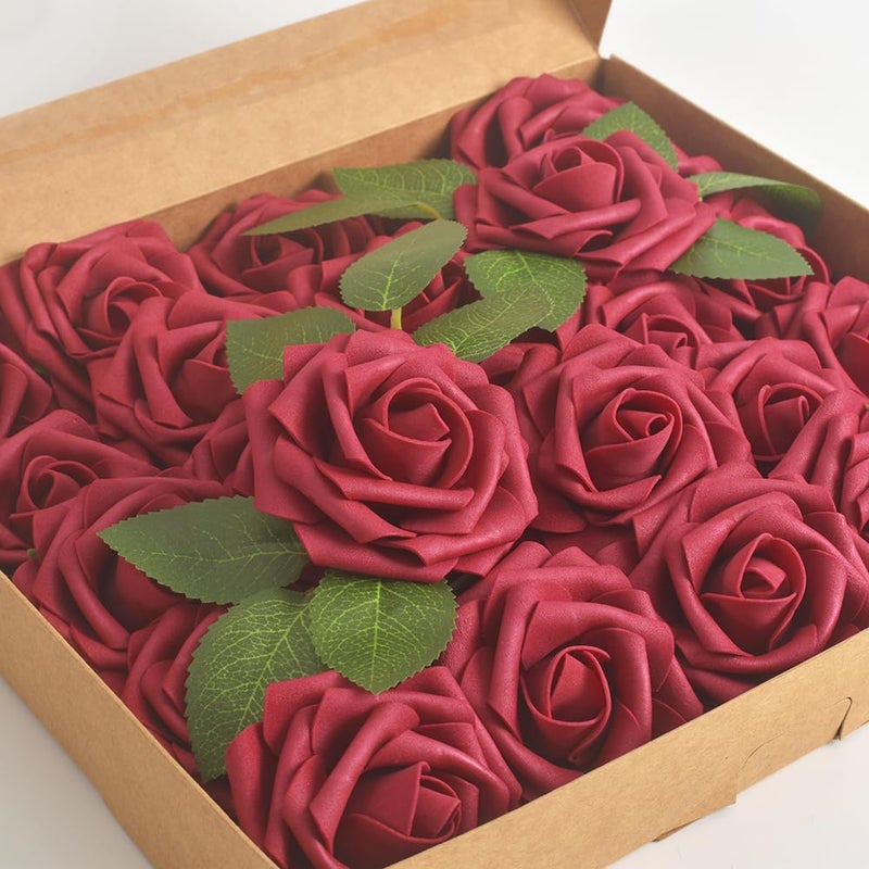homEdge homEdge Artificial Rose  25pcs Foam Artificial Flowers with Stem for Home Decorations  Wedding Bouquets  Party  Certerpieces  Anniversaries-Burgundy - Image 2