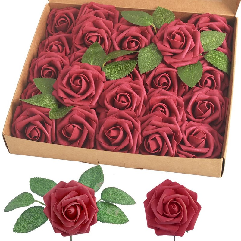 homEdge homEdge Artificial Rose  25pcs Foam Artificial Flowers with Stem for Home Decorations  Wedding Bouquets  Party  Certerpieces  Anniversaries-Burgundy - Image 1