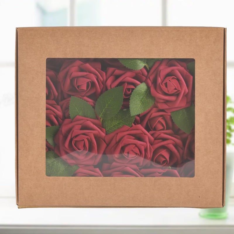 homEdge homEdge Artificial Rose  25pcs Foam Artificial Flowers with Stem for Home Decorations  Wedding Bouquets  Party  Certerpieces  Anniversaries-Burgundy - Image 4