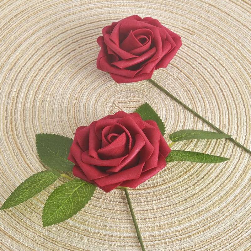 homEdge homEdge Artificial Rose  25pcs Foam Artificial Flowers with Stem for Home Decorations  Wedding Bouquets  Party  Certerpieces  Anniversaries-Burgundy - Image 3
