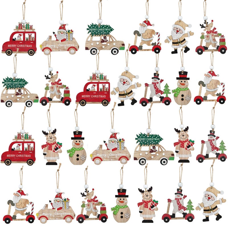 DearHouse 27Pcs Christmas Wooden Hanging Ornament Set Red Truck Ornaments Wooden Xmas Snowman and Santa Claus Ornaments Decors for Christmas Tree Crafts Home Party - Image 2