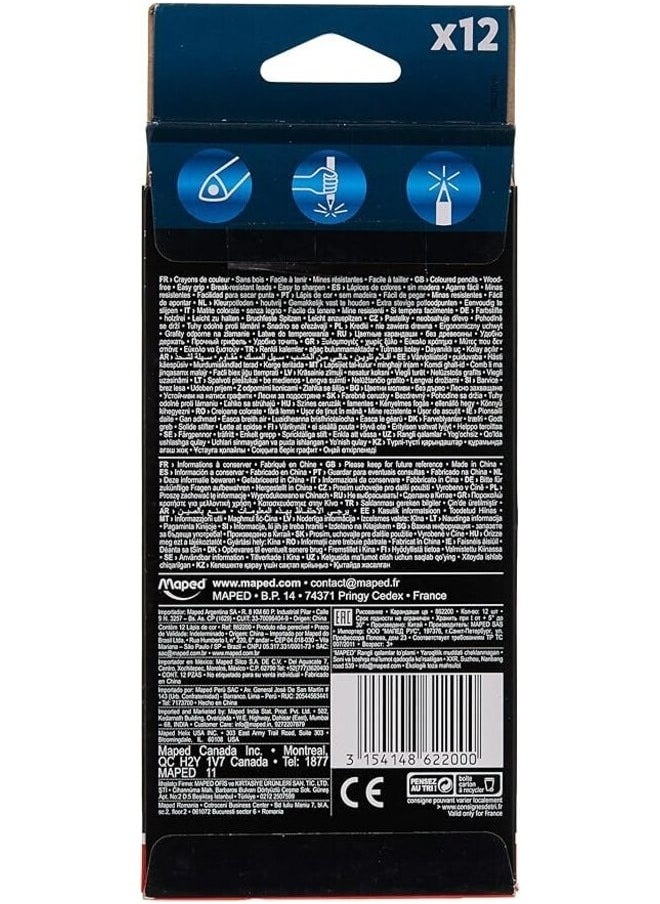 Maped - Triangular Color Pencils For Easy And Comfortable Grip and Maped 852000 - Egonomic Three-Sided Pencils Black'Peps Energy with Eraser Head - HB Medium - x12 Pens, Pack of 2 & Maped Emirates Coloring Pencil Pack Of 1 - Image 1