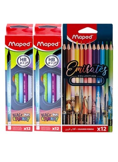 Triangular Color Pencils For Easy And Comfortable Grip and Maped 852000 - Egonomic Three-Sided Pencils Black'Peps Energy with Eraser Head - HB Medium - x12 Pens, Pack of 2 & Maped Emirates Coloring Pencil Pack Of 1