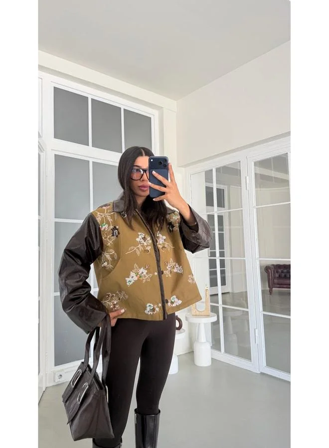 Gaus Oil Green Lined Leather Detailed Embroidered Design Jacket GAUS-02012.
