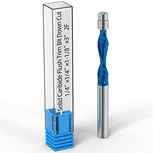 MEIGGTOOL 1/4-Inch Diameter Spiral Flush Trim Router Bits, Down-Cut Flush Trim 1-1/8-Inch Cutting Length, Nano Blue Coated Solid Carbide Spiral Router Bit 1/4-Inch Shank - Image 1