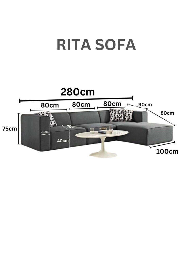 KARNAK Modern Rita 3-seater Corner Sofa Set – Cotton Linen Fabric Modular Design Customizable Seating Arrangement Color- Dark Grey - Image 2