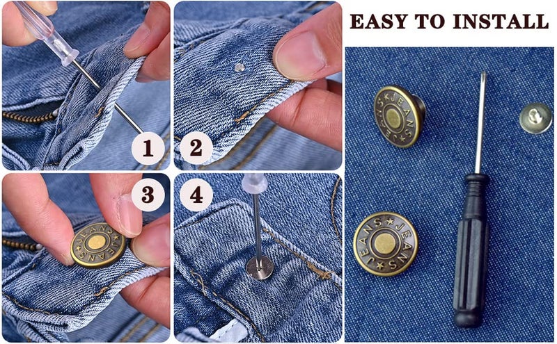 ZHIYONZEE 12 Sets Adjustable Buttons for Jeans, 20mm No Sew Instant Metal Buttons, Removable Jean Buttons Replacement Repair Kit with Threads Rivets and Screwdriver - Image 3