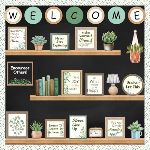 VABAMNA Welcome Back to School Bulletin Board Decorations, Eucalyptus Classroom Decor, Greenery Inspirational Affirmation Cutouts for Teacher Welcome Classroom School Supplies Door Wall Decor - Image 1