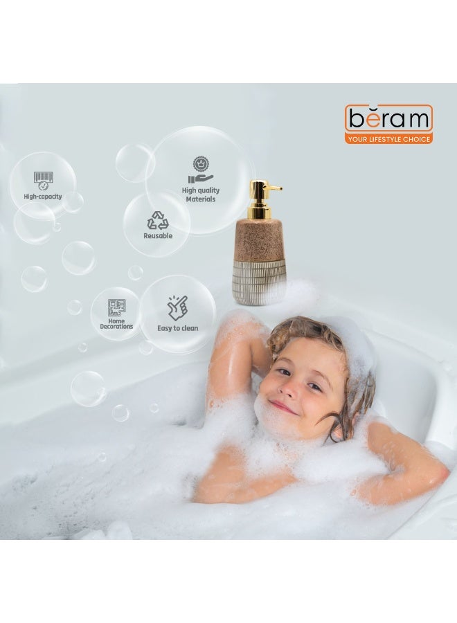 بيرام مجموعة مستلزمات الحمام من بيرام المكونة من 4 قطع باللونين البني والرمادي مع تصميم مرقط وتفاصيل ملونة، تشمل موزع الصابون وحامل فرشاة الأسنان وكوب وصحن للصابون، مظهر فني يدوي الصنع يناسب الحمامات العصرية. - Image 2