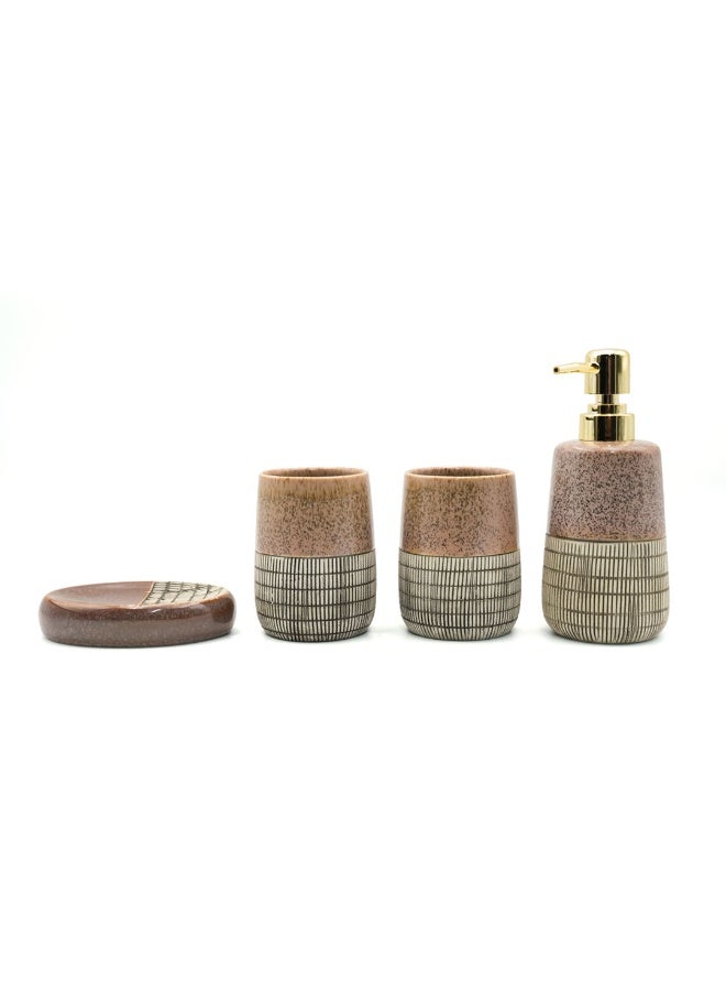 بيرام مجموعة مستلزمات الحمام من بيرام المكونة من 4 قطع باللونين البني والرمادي مع تصميم مرقط وتفاصيل ملونة، تشمل موزع الصابون وحامل فرشاة الأسنان وكوب وصحن للصابون، مظهر فني يدوي الصنع يناسب الحمامات العصرية. - Image 1
