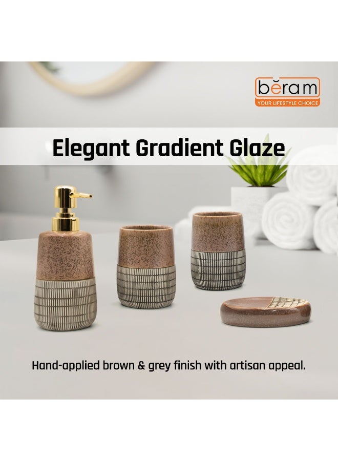 بيرام مجموعة مستلزمات الحمام من بيرام المكونة من 4 قطع باللونين البني والرمادي مع تصميم مرقط وتفاصيل ملونة، تشمل موزع الصابون وحامل فرشاة الأسنان وكوب وصحن للصابون، مظهر فني يدوي الصنع يناسب الحمامات العصرية. - Image 5