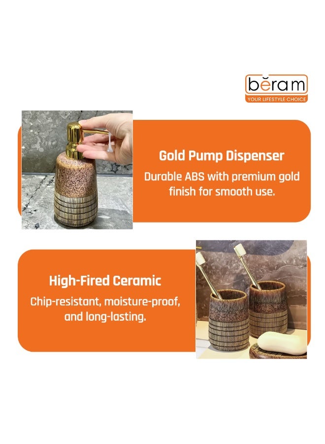 بيرام مجموعة مستلزمات الحمام من بيرام المكونة من 4 قطع باللونين البني والرمادي مع تصميم مرقط وتفاصيل ملونة، تشمل موزع الصابون وحامل فرشاة الأسنان وكوب وصحن للصابون، مظهر فني يدوي الصنع يناسب الحمامات العصرية. - Image 4