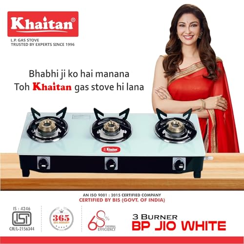 Khaitan خايتان 3 شعلات جيو أبيض زجاج مقسى | موقد غاز مسال يدوي الإشعال | مقبض مريح | مع ضمان لمدة 1 سنة | خدمة في جميع أنحاء الهند | موقد غاز مسال | معتمد من ISI (أبيض) (3 شعلات) - Image 3