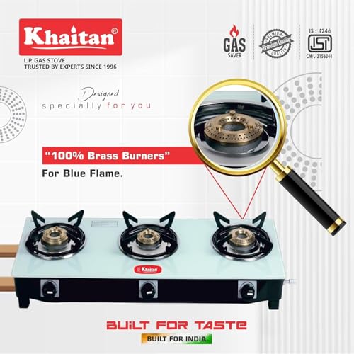 Khaitan خايتان 3 شعلات جيو أبيض زجاج مقسى | موقد غاز مسال يدوي الإشعال | مقبض مريح | مع ضمان لمدة 1 سنة | خدمة في جميع أنحاء الهند | موقد غاز مسال | معتمد من ISI (أبيض) (3 شعلات) - Image 4