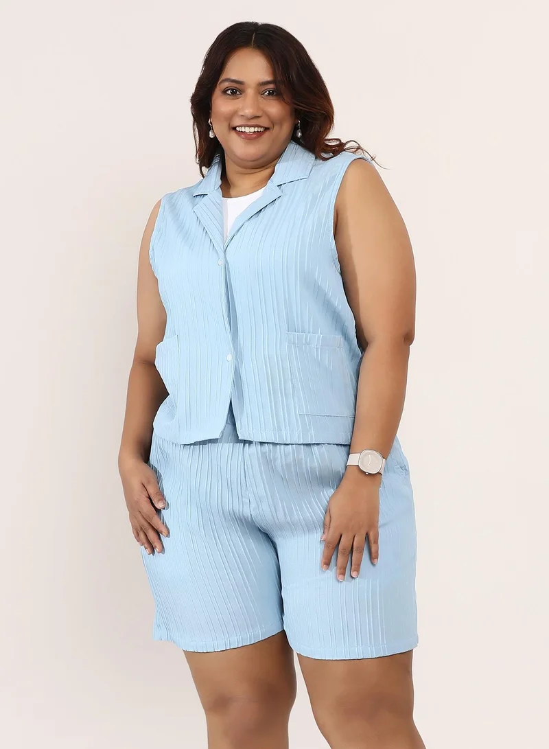 Instafab Plus Women's Textured-Tailored Co-Ord Set | Notch Collar , Sleeveless, Button Closure | Plus-Size Solid Textured Woven Co-Ords For Casual & Daily Wear | Powder Blue