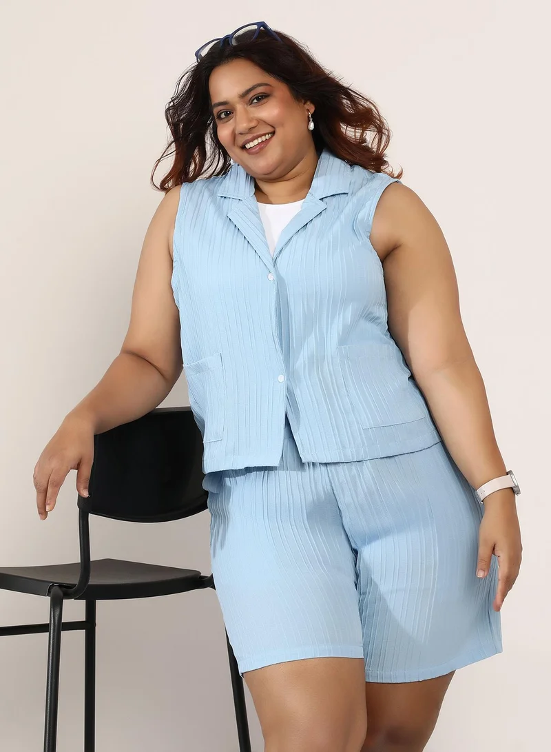 Women's Textured-Tailored Co-Ord Set | Notch Collar , Sleeveless, Button Closure | Plus-Size Solid Textured Woven Co-Ords For Casual & Daily Wear | Powder Blue