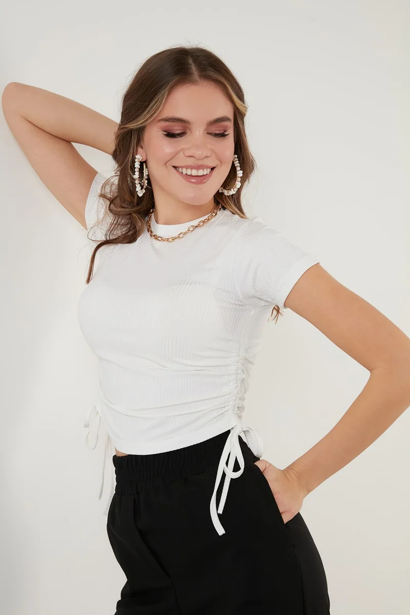 Lela Side Gathered Short Sleeve Crop Blouse Women's Blouse 5864010