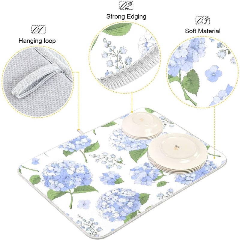 OTVEE Blue Hydrangea Flowers Dish Drying Mat Super Absorbent Drying Mat Large Coffee Mat for Kitchen Counter Easy Clean Dish Mat Kitchen Drying Matt 16x18 inch - Image 4