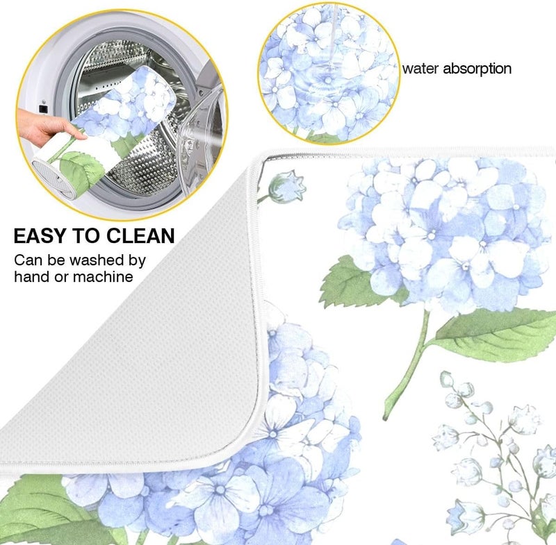 OTVEE Blue Hydrangea Flowers Dish Drying Mat Super Absorbent Drying Mat Large Coffee Mat for Kitchen Counter Easy Clean Dish Mat Kitchen Drying Matt 16x18 inch - Image 2