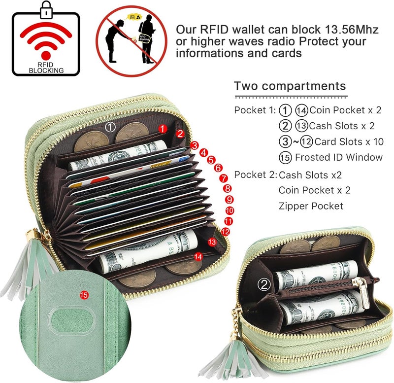APHISON RFID Credit Card Holder Zipper Card Case Small Wallets for Women Leather Sunflower Style Ladies Girls Credit Card Case Double-Zip Peppermint-Mambo-Green - Image 3