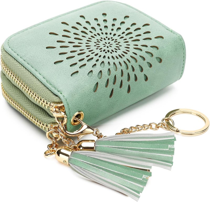 APHISON RFID Credit Card Holder Zipper Card Case Small Wallets for Women Leather Sunflower Style Ladies Girls Credit Card Case Double-Zip Peppermint-Mambo-Green - Image 1