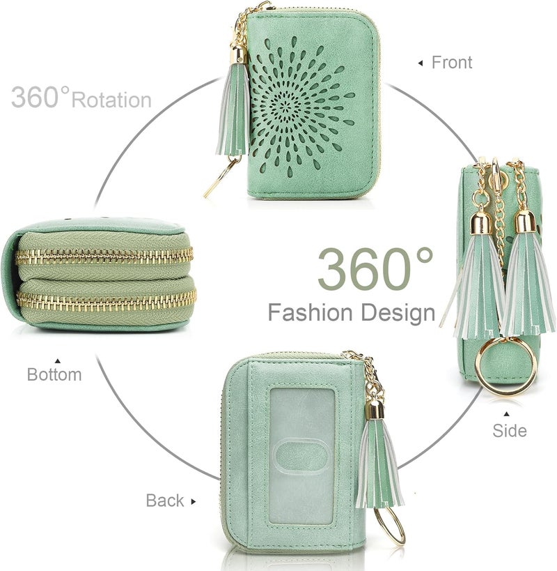 APHISON RFID Credit Card Holder Zipper Card Case Small Wallets for Women Leather Sunflower Style Ladies Girls Credit Card Case Double-Zip Peppermint-Mambo-Green - Image 5