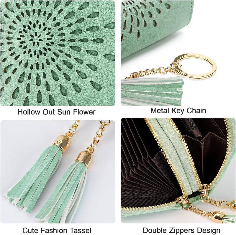 APHISON RFID Credit Card Holder Zipper Card Case Small Wallets for Women Leather Sunflower Style Ladies Girls Credit Card Case Double-Zip Peppermint-Mambo-Green - Image 4