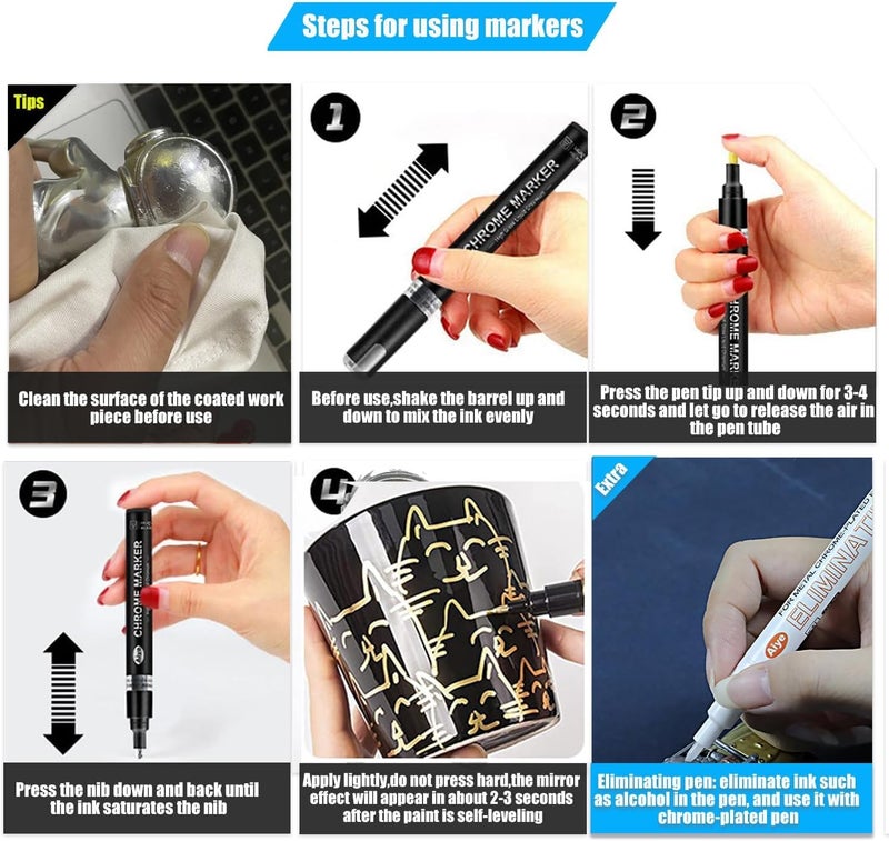 Magicwand® ⦗Pack of 2 Gold & 2 Silver⦘ Metallic High Gloss Gold & Silver Color Chrome Marker ⦗PLEASE KEEP THE MARKER TIP IN PRESSED POSITION TILL THE TIME IT IS NOT WET WITH INK⦘ - Image 2