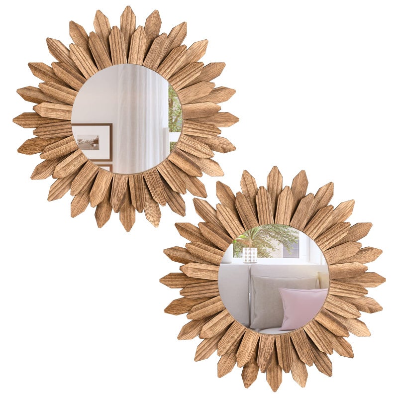 Honiway Boho Wall Decor Mirror 2 Pack Rustic Wood Mirror 12 inch Boho Mirror Home Decor Farmhouse Room Decorations for Bedroom Living Room Carbonized Black