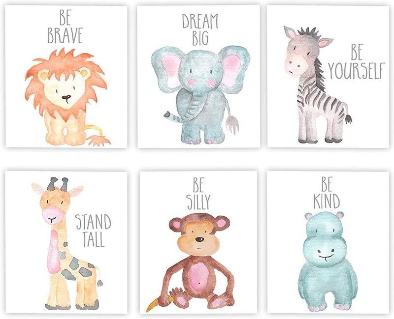 ENON Unframed Woodland Animals Art Print Adorable Lion Elephant Giraffe Monkey Zebra Hippo Paintings, Set of 6 (21cm x 30cm) Canvas Cartoon Inspirational Wall Art for Kids Room Nursery Decor (Type C) - Image 1