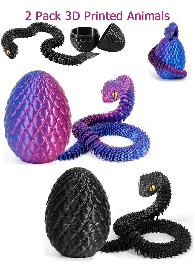 Wffo 2 Pack 3D Printed Animals, 3D Printed Snake Fidget Toy, 3D Printed Dragon Egg Snake Eggs, Fidget Mini Animals Toy Articular Mobility Toys for Adults and Kids Autism/ADHD (30cm/Black&Purple) - Image 1