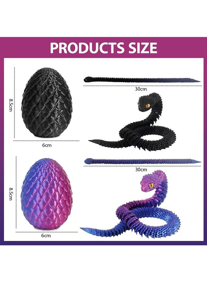 Wffo 2 Pack 3D Printed Animals, 3D Printed Snake Fidget Toy, 3D Printed Dragon Egg Snake Eggs, Fidget Mini Animals Toy Articular Mobility Toys for Adults and Kids Autism/ADHD (30cm/Black&Purple) - Image 2