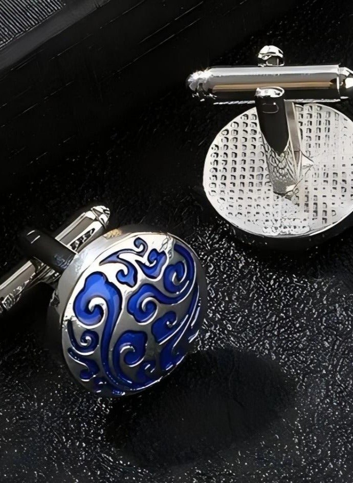 TOVELE5 Silver Round Cufflinks with Blue Floral Pattern – Elegant Business Shirt Accessory for Men - Image 2