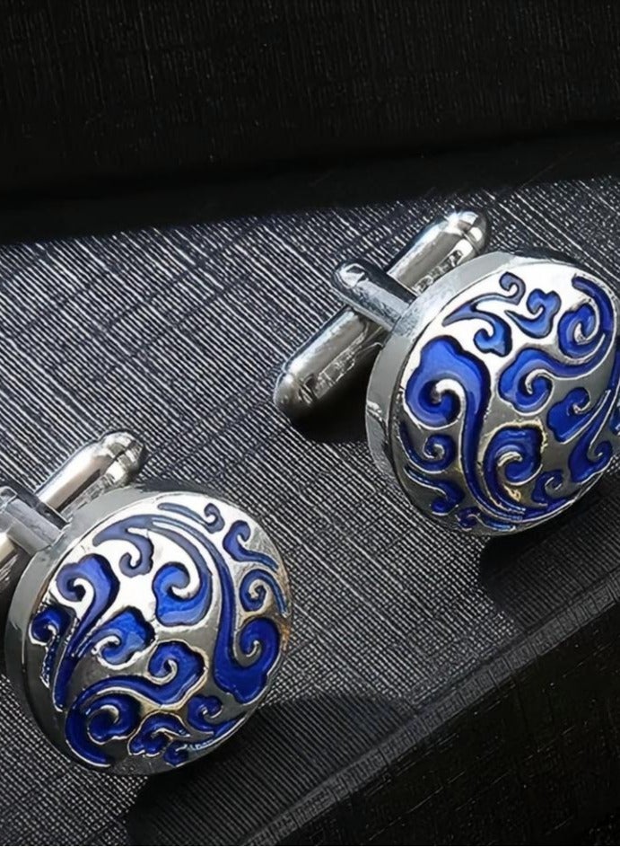 TOVELE5 Silver Round Cufflinks with Blue Floral Pattern – Elegant Business Shirt Accessory for Men - Image 3