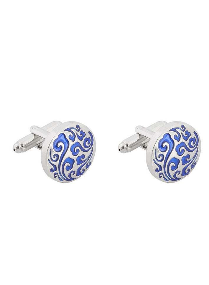 TOVELE5 Silver Round Cufflinks with Blue Floral Pattern – Elegant Business Shirt Accessory for Men - Image 1