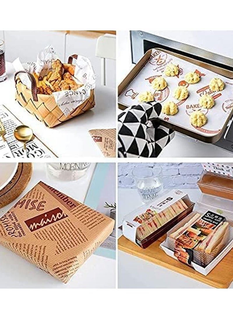 Parchment Paper,100 Sheets Food Wrap Papers Sandwich Burger Wrappers，Basket Liners Food Picnic Paper Greaseproof Deli Wrapping Sheets，Square Baking Parchments Non-Stick Wrapping Tissue