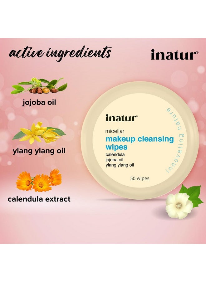 INATUR Makeup Remover Face Wipes (50 Wipes), Daily Cleansing Facial Towelettes To Remove Waterproof Make Up And Mascara, Jojoba Oil, Micellar Deep Cleans, No Artificial Chemicals  - Image 1