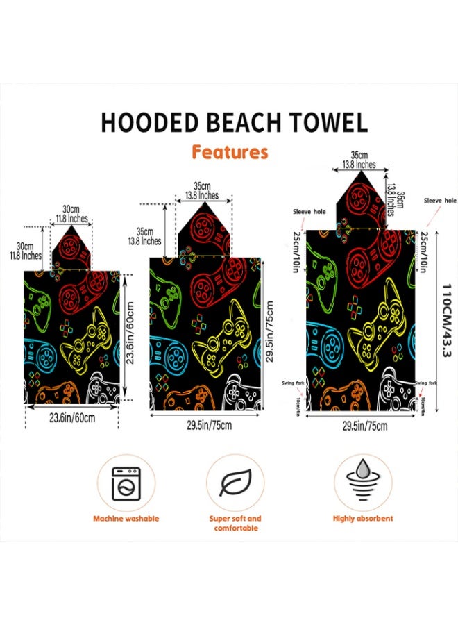 Solid Black Base Full Printed Neon Color Game Controller Graffiti Unisex Kids Hooded Quick Dry Poncho Towel, Polyester Soft Water Absorbent Loose Windproof Bath Wrap for All Kids, Ideal for Beach, Swimming Pool, Hot Spring & Daily Shower - Image 5