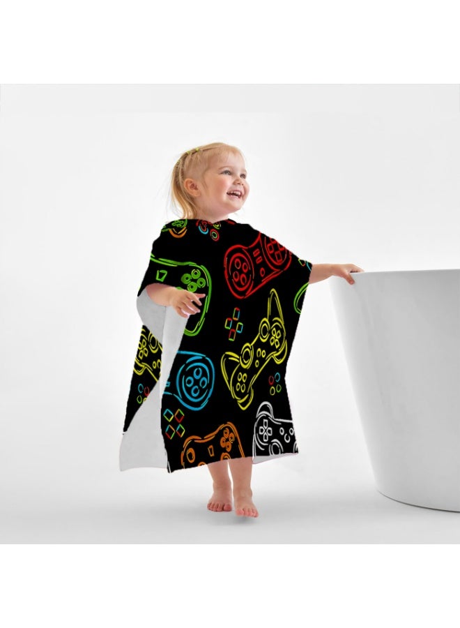 Solid Black Base Full Printed Neon Color Game Controller Graffiti Unisex Kids Hooded Quick Dry Poncho Towel, Polyester Soft Water Absorbent Loose Windproof Bath Wrap for All Kids, Ideal for Beach, Swimming Pool, Hot Spring & Daily Shower - Image 3