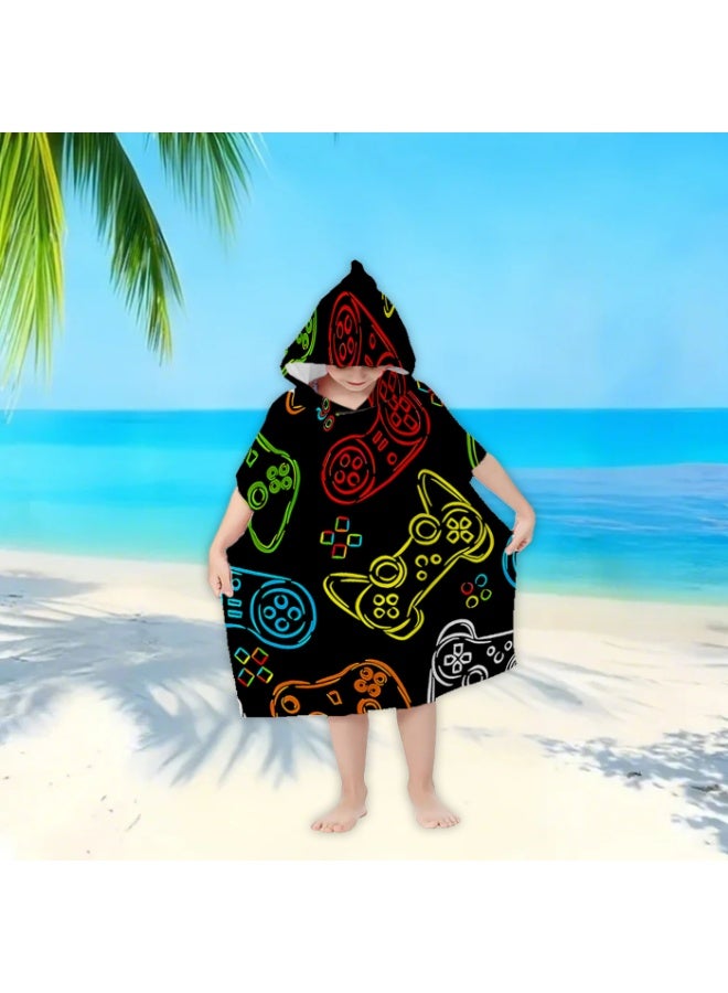 Solid Black Base Full Printed Neon Color Game Controller Graffiti Unisex Kids Hooded Quick Dry Poncho Towel, Polyester Soft Water Absorbent Loose Windproof Bath Wrap for All Kids, Ideal for Beach, Swimming Pool, Hot Spring & Daily Shower - Image 1
